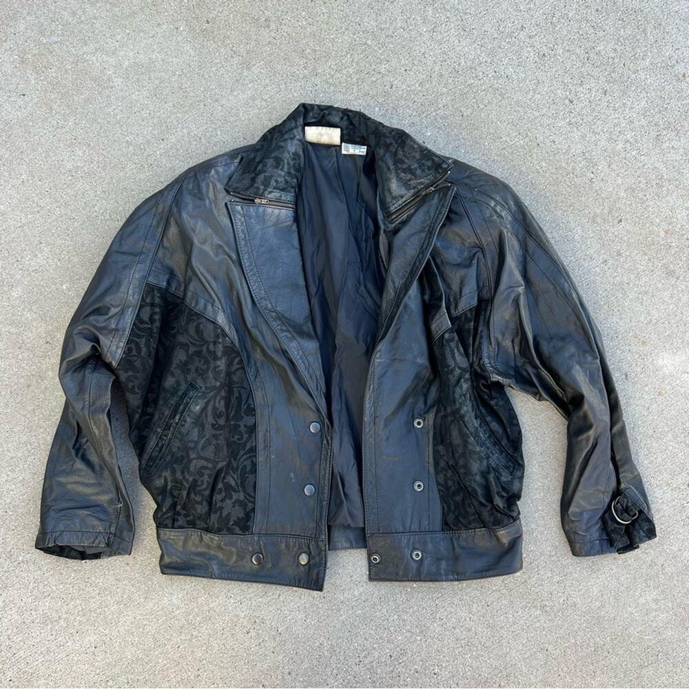 Vintage 80s Now Next genuine leather black Moto bomber batwing jacket SMALL